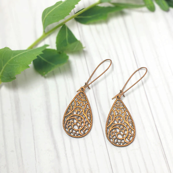 Teardrop Filigree Lace Earrings - Copper or Silver - Find Your Joy Today